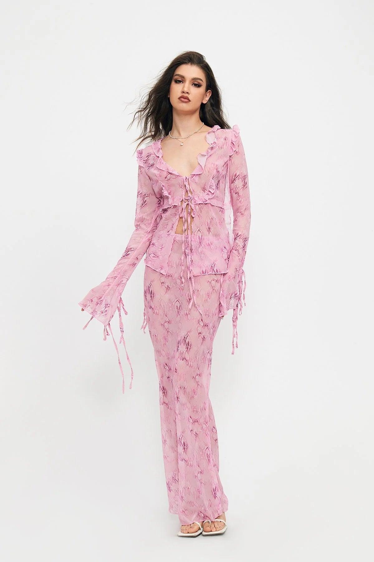 2023 New Ins Fashion Women's Strappy Lace V-neck Top Chiffon Printed Dress Suit - The Madinah Exchange 