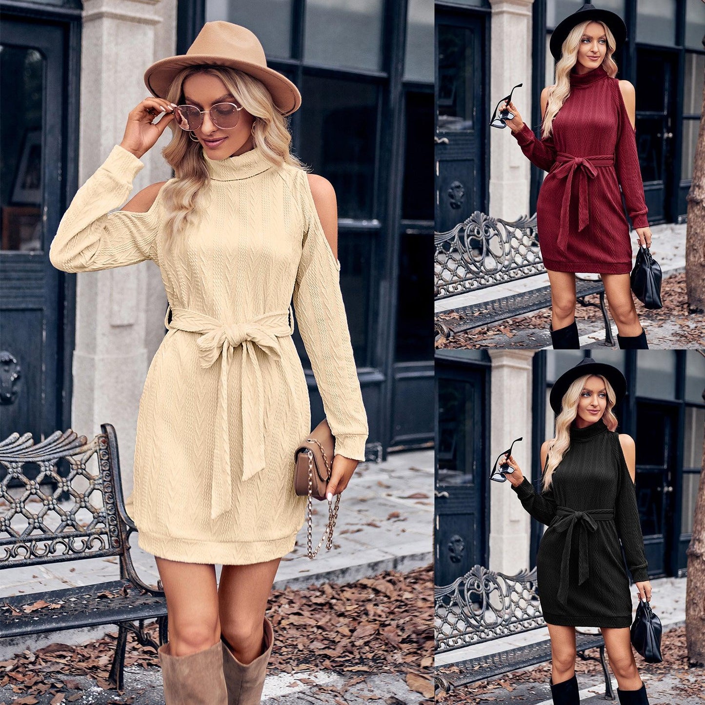 Autumn And Winter Women's Casual Solid Color Round Neck Shoulder Hollow Waist Dress - The Madinah Exchange 