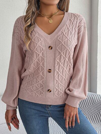 Cable-Knit V-Neck Lantern Sleeve Sweater - The Madinah Exchange 
