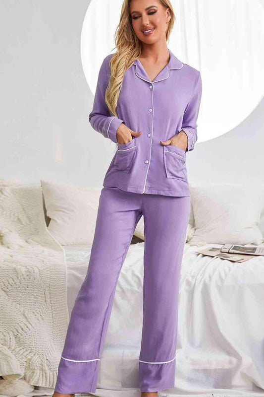 Contrast Lapel Collar Shirt and Pants Pajama Set with Pockets - The Madinah Exchange 