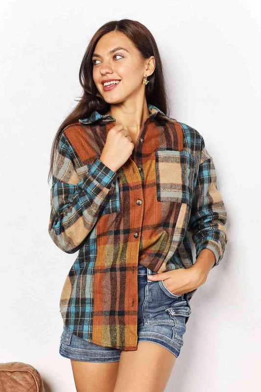 Double Take Plaid Curved Hem Shirt Jacket with Breast Pockets - The Madinah Exchange 